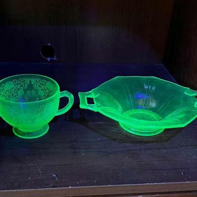 Vintage Uranium Glass - Hazel Atlas Florentine Sugar Bowl And Other