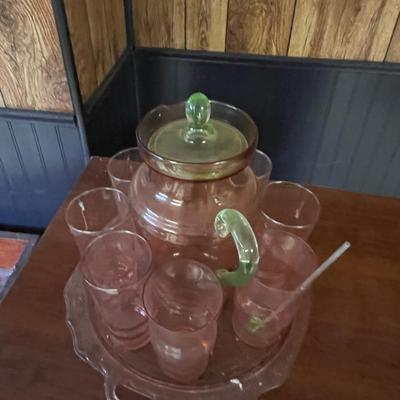 Vintage Dunbar Uranium Glass Watermelon Depression Glass Pitcher And Glasses