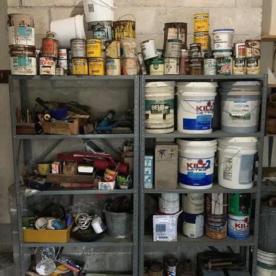 Misc Paint, Tools, Sander, 2 Shelving Units 