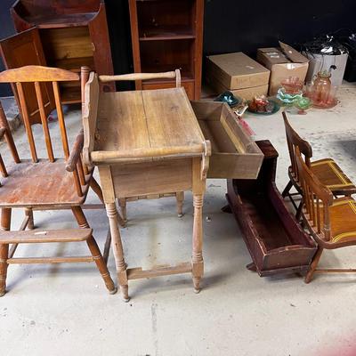 Vintage Children’s Wooden Chairs, Doll Cradle, Vanity, Highchair
