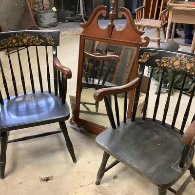 Pair Of Vintage Nichols & Stone Black Harvest Stencil Hitchcock Style Arm Chairs - With Mirror