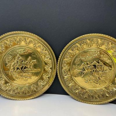 Two Brass English Embossed Wall Plates