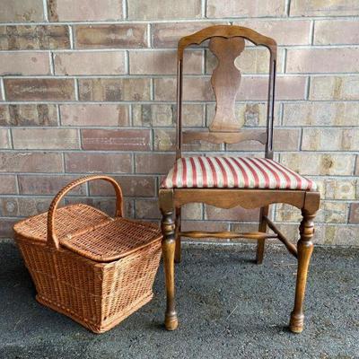 French Country Wood Chair & Handled Picnic Style Basket