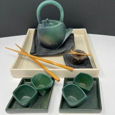 Cast Iron Asian Tea Pot & Pottery Cups Set