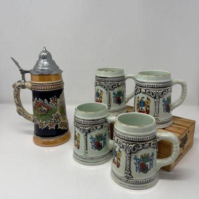 West Germany Stein & Four Vintage Mugs