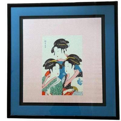Japanese Three Beauties of the Day Framed Silk Scarf