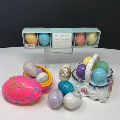 Antique Egg Caddy and 16 Alabaster Eggs