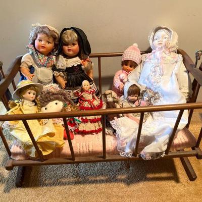 Vintage Doll Cradle Filled with Old Dolls