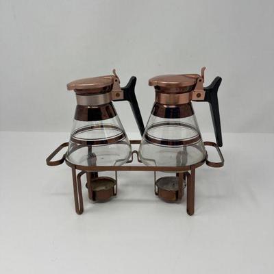 Vintage Copper Double Syrup Carafes with Warmer