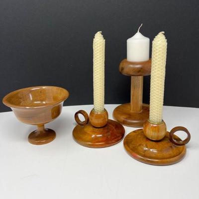 Myrtlewood Candle Holders & Pedestal Bowl