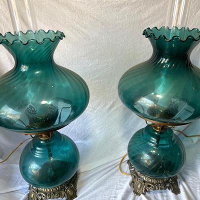 Pair Of Teal Hurricane Lamps 