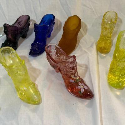 Ten Fenton Glass Shoes Jadite, Vaseline Glass 