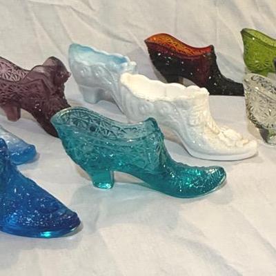Collection Of Ten Fenton Glass Shoes 