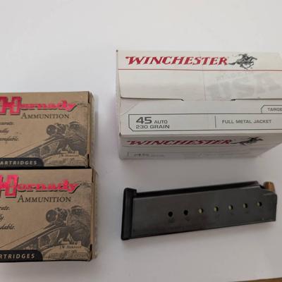 3 Boxes Of 45 Auto Ammo + Magazine 