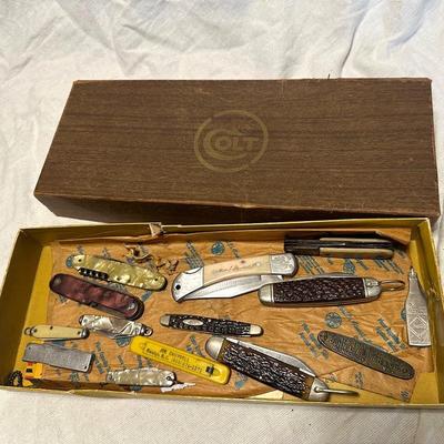 Pocket Knife Collection in a Colt Gun Box