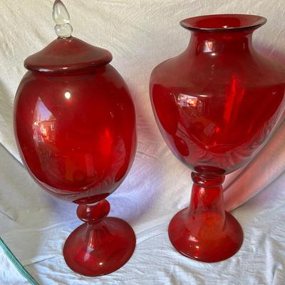 2 Tall Red Jars - 1 Apothecary W/ Lid And Other Similar Without Lid
