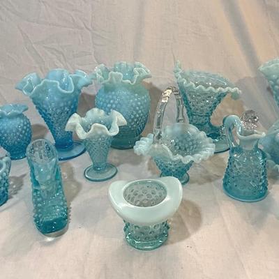 Group Of Fenton Blue Opalescent Hobnail Glass 