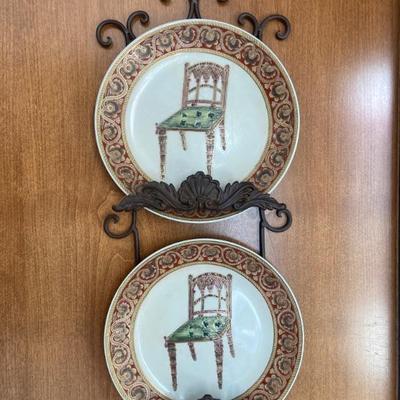Oriental Accent Asian Porcelain Plates (2) Set 2001 Chair Motif Vintage 10.25"