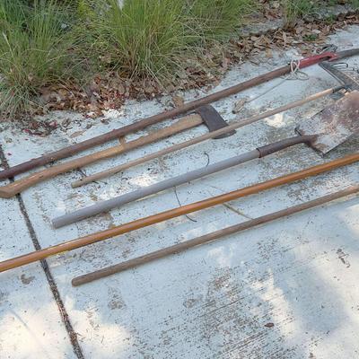 Garden Tool Lot - Rakes, Shovel, Tree Trimmer, Axe++
