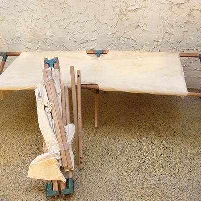 2 Vintage Telescope Folding Furniture Co Canvas Cot Wood Frames 76x17x24