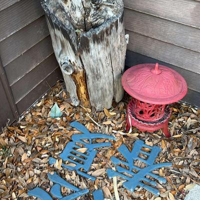 Garden - Carved Wood Raccoons, Cast Iron Japanese Pagoda Lantern & Asian Letters 