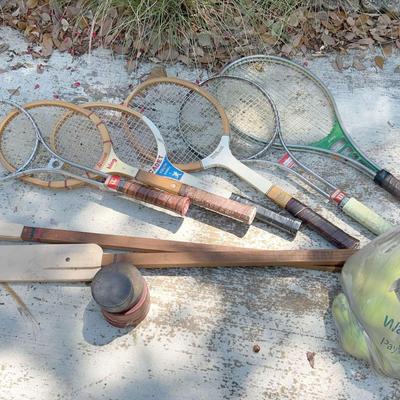 Vintage Hockey Sticks & Pucks, Tennis Rackets & Balls 
