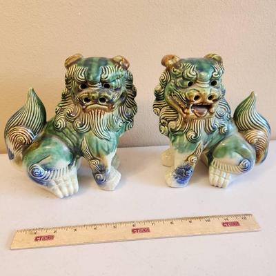 Set of Vintage Ceramic Green & Blue Glazed Foo Dogs