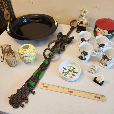 14pc Vintage Asian Decor & Collectibles - Swivel Tray, Yellow Vase, Wall Hanging