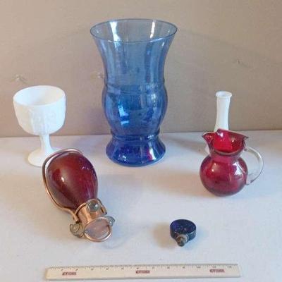 Vintage Colored Glass, Milk Glass Lot - Vases, Pitcher, Garden Bulb. Stopper