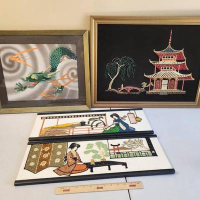 4pc Vintage Asian Wall Art - Dragon Fiber Art, Textured/Beaded Pieces