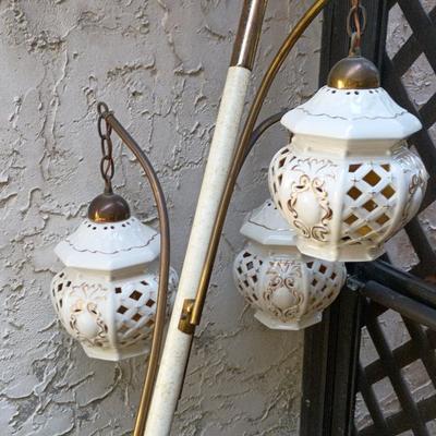 Mid-century Tension Pole Lamp W/Ceramic Light Shades