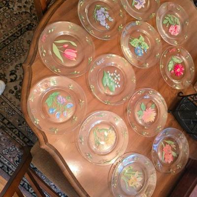 12 hand painted flower dessert plates