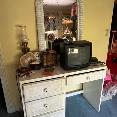 White wicker style desk with mirror