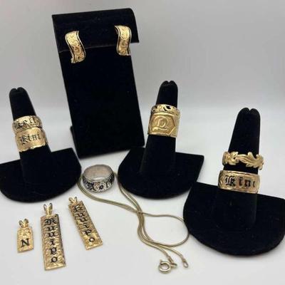 Bold gold plated jewelry set rings necklace, and pendants