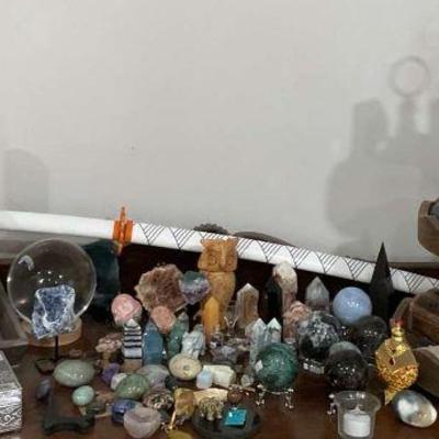 Collection of decorative items and storage containers