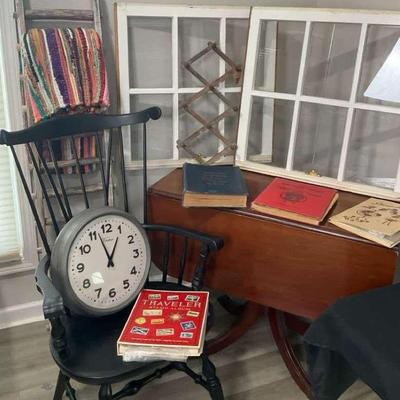 Vintage wooden chair clock, and window frames set