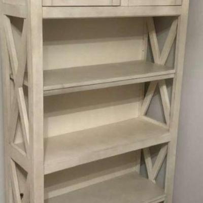 Tall wooden shelf with cabinet storage