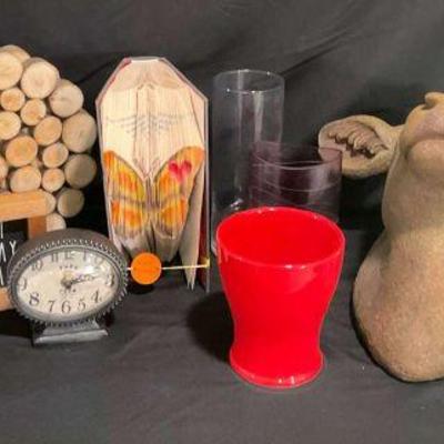 Eclectic home shelf décor lot with cow head, glassware, and accents