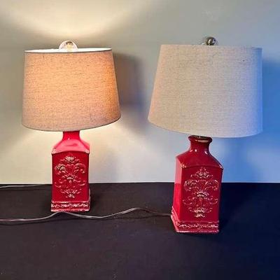 Elegant Pair of Red Ceramic Table Lamps
