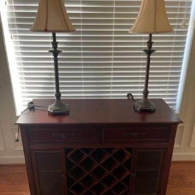 Solid Wood Wine And Storage Cabinet With 2 Lamps