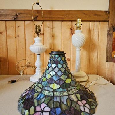 2 Milk Glass Style Vintage Lamps & Tiffany Style Shade