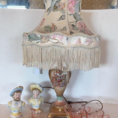 Victorian Lamp, Porcelain Busts, Pink Glass Candy Dish & Sugar And Creamer 