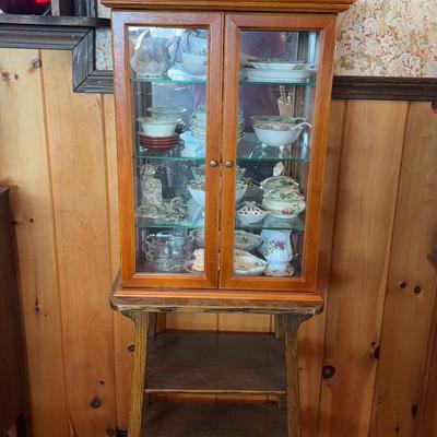 Antique Table, Wood & Glass Display Cabinet With Collectibles