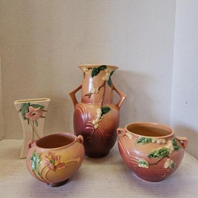 Roseville Poppy Bowl, McCoy Vase & Roseville Pink Snowberry Vases