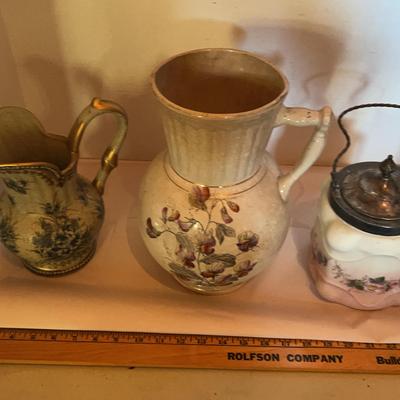 Two Floral Pitchers, Biscuit Jar
