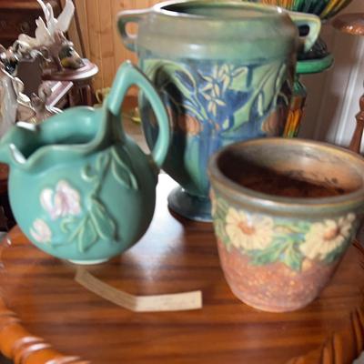 Weller Blossom Floral Vase, Roseville Baneda Green Jardiniere Vase, Roseville Dahlrose Daisy Vase