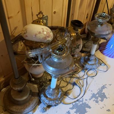 Collection Of Antique Lamps, Shades & Lamp Parts
