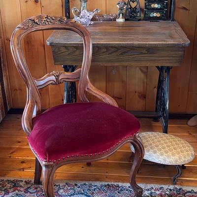 Antique Desk, Footstool & Chair