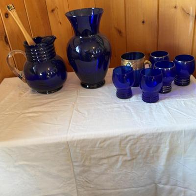 Blue Glass Pitcher, Vase, & Cups