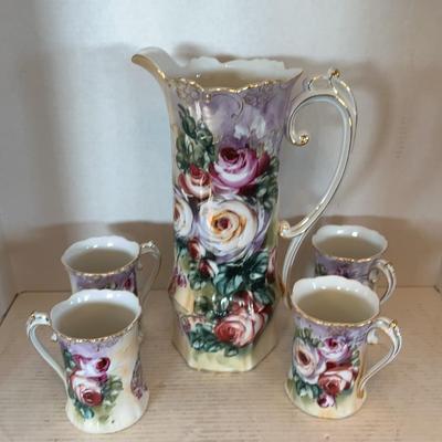 Hand Painted Floral Pitcher & Handled Floral Cups